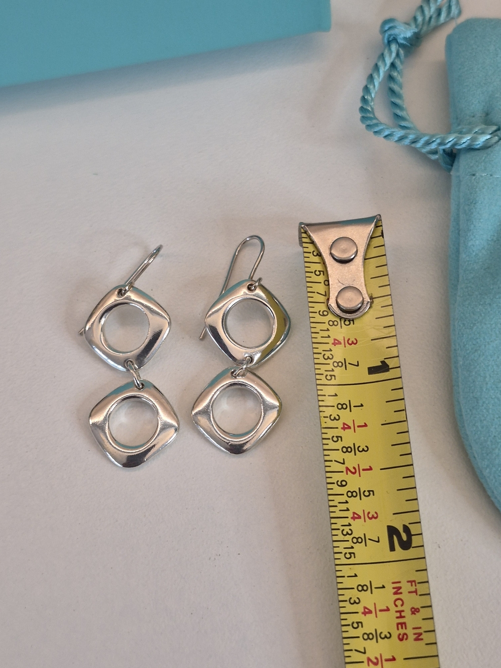 Tiffany & Co. Sterling Silver Cushion Double Drop Earrings with Blue Box & Pouch - Picture 3 of 4